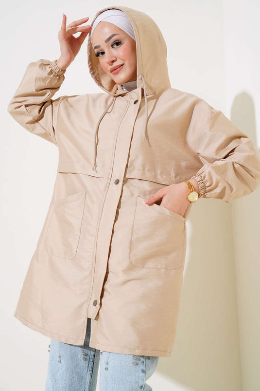 Beige Hooded Trench Coat with Snap Fasteners