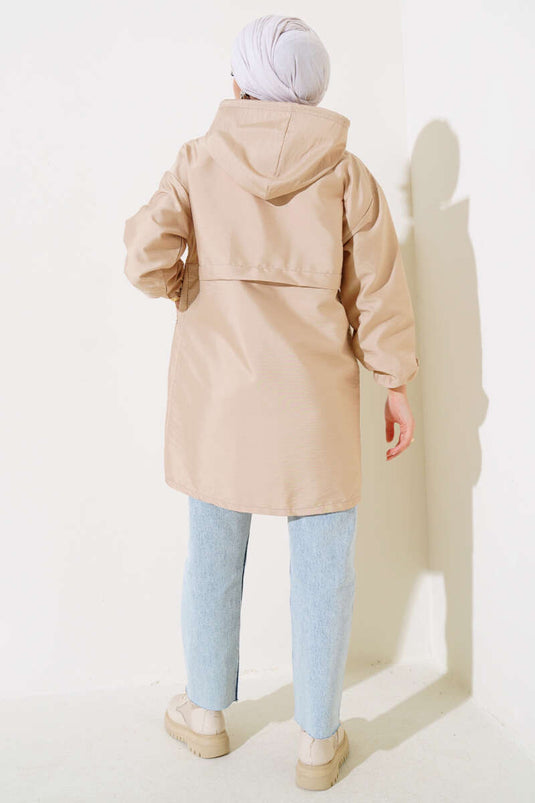 Beige Hooded Trench Coat with Snap Fasteners