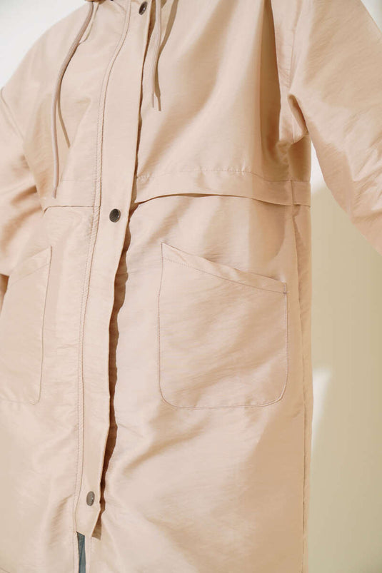 Beige Hooded Trench Coat with Snap Fasteners