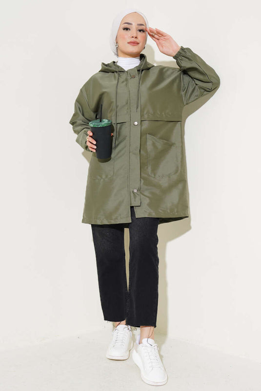 Snap Button Hooded Trench Coat Khaki