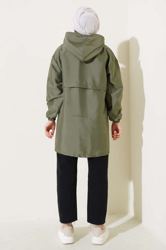 Snap Button Hooded Trench Coat Khaki