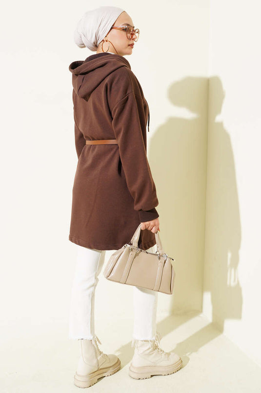 Snap-Buttoned Belted Three-Thread Cardigan Brown