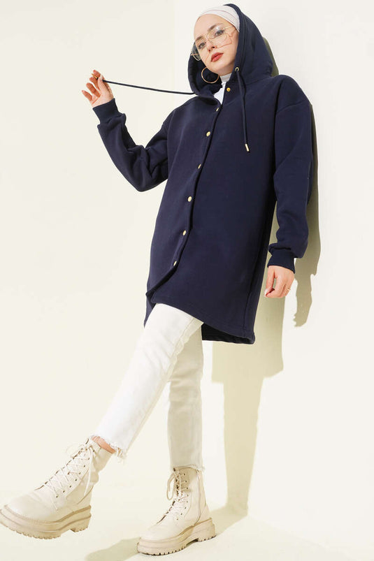 Snap-Buttoned Belted Three-Thread Cardigan Navy Blue