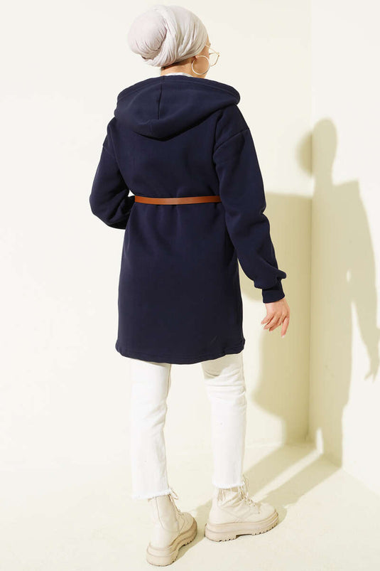 Snap-Buttoned Belted Three-Thread Cardigan Navy Blue