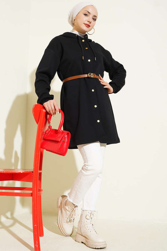 Snap-Buttoned Belted Three-Thread Cardigan Black