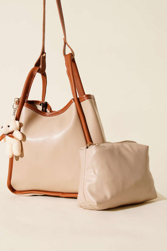 Çıtçıtlı Makyaj Çantalı Kadın El Çantası Bej Taba