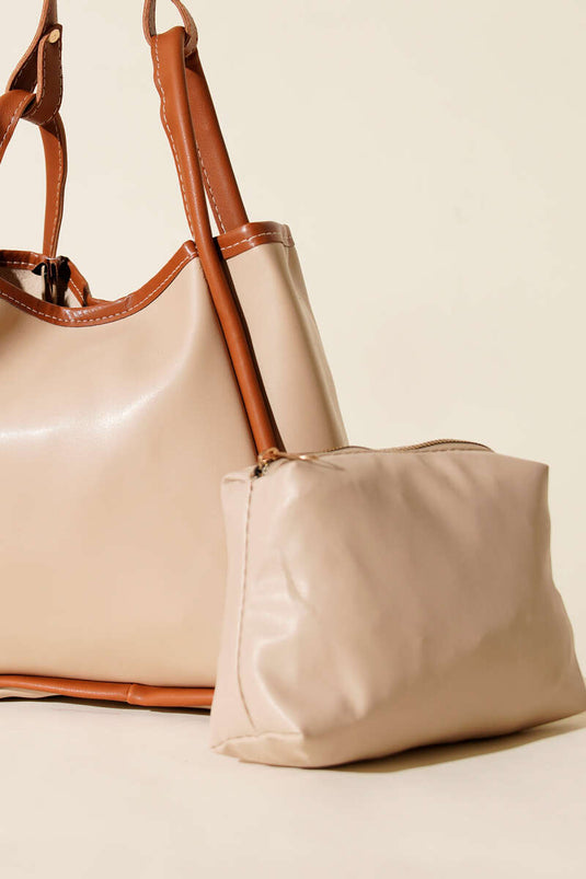 Borsa per il trucco da donna con bottone automatico, beige e marrone chiaro.