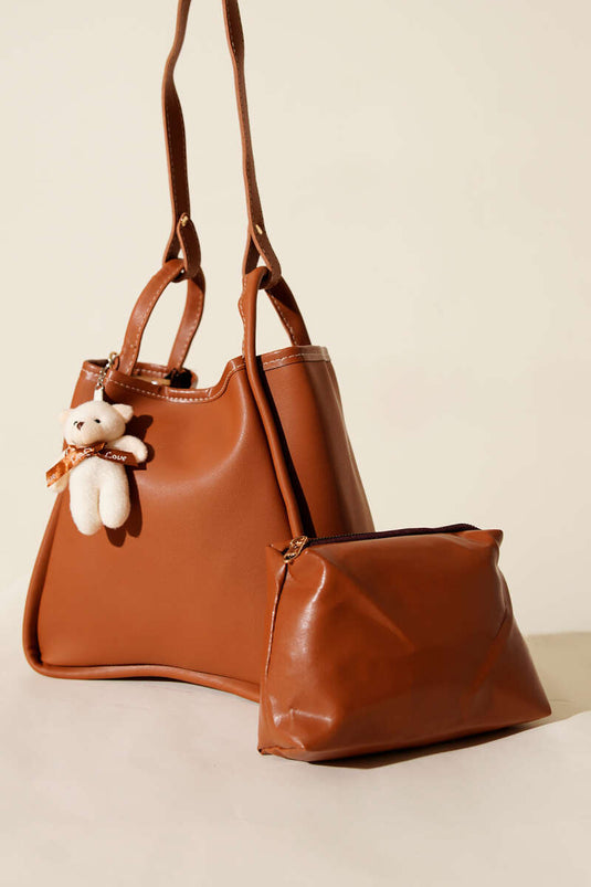 Çıtçıtlı Makyaj Çantalı Kadın El Çantası Taba