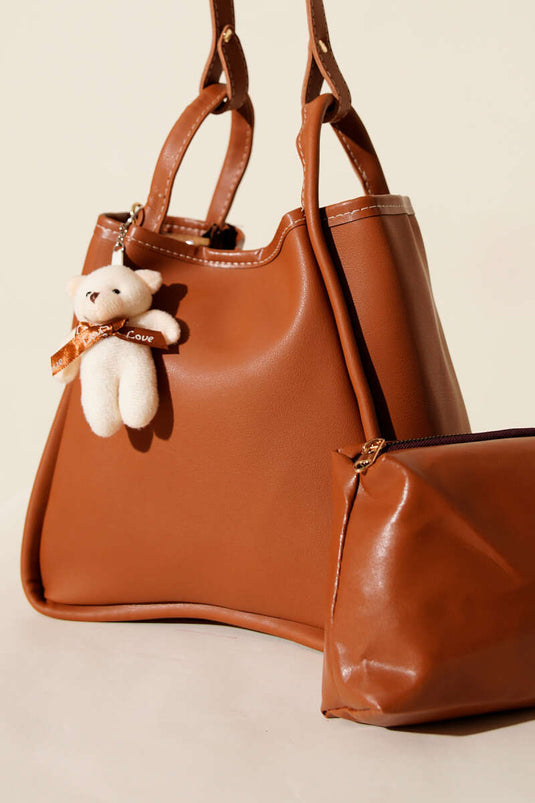 Borsa a mano con bottone automatico per il trucco da donna, marrone chiaro