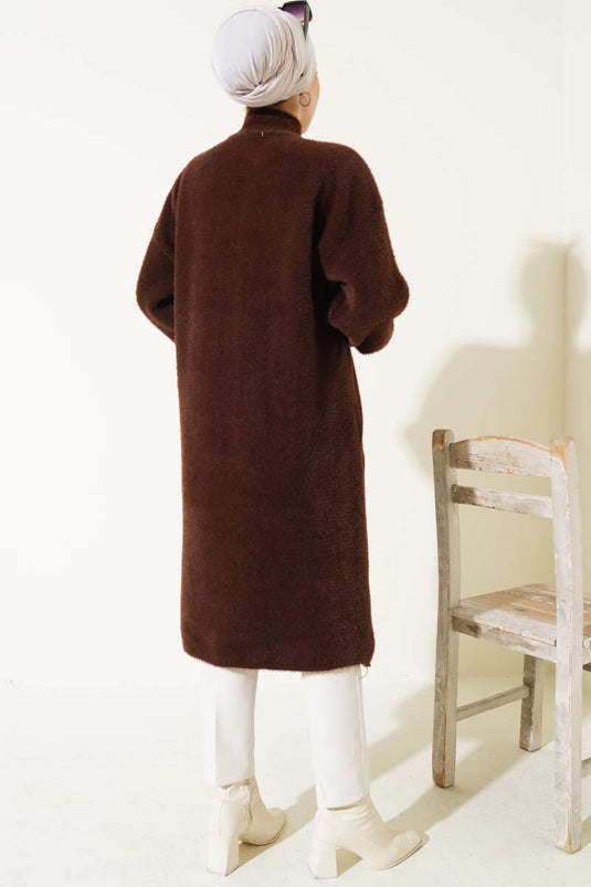 Gilet long en angora à boutons-pression Marron