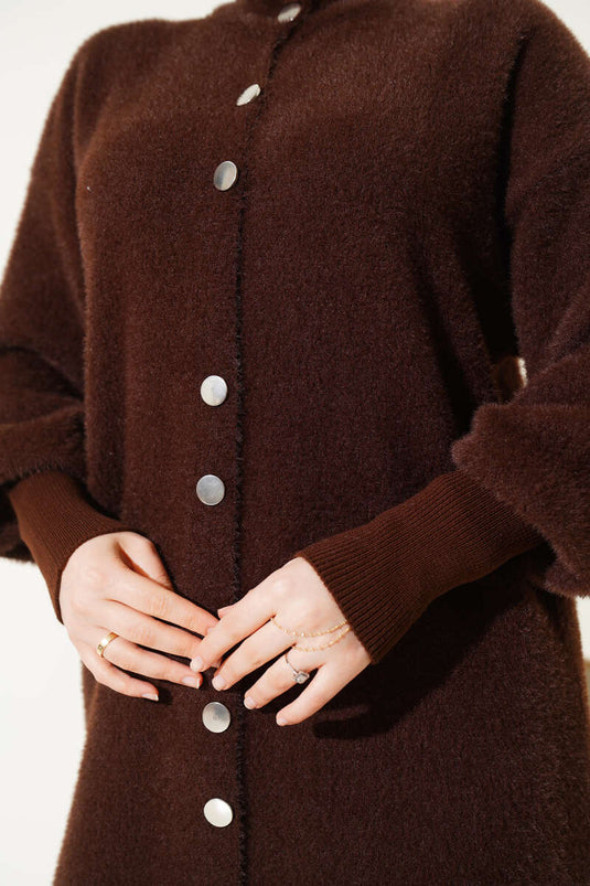 Gilet long en angora à boutons-pression Marron