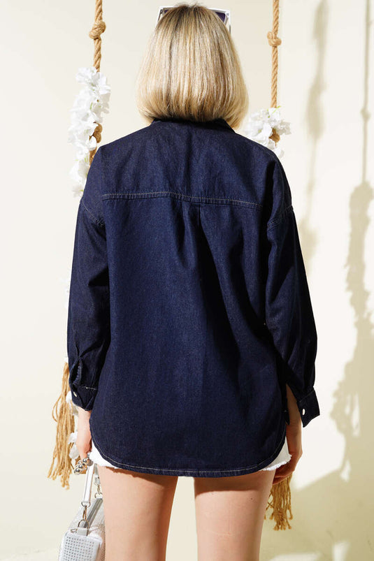 Chemise en jean à manches longues à boutons-pression bleu marine