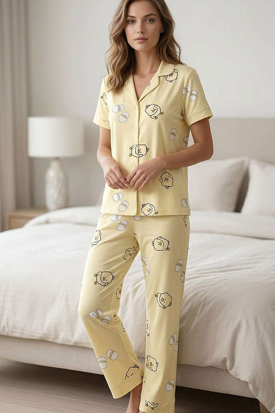 Civciv Baskılı Gömlek Yaka Kısa Kol Pijama Takımı Sarı