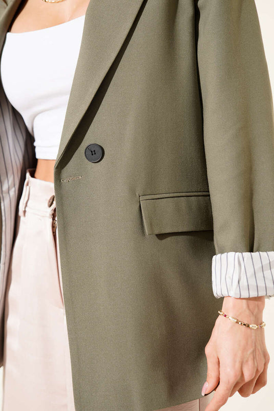 Çizgi Astarlı Düğmeli Blazer Ceket Haki