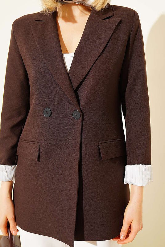Çizgi Astarlı Düğmeli Blazer Ceket Kahve