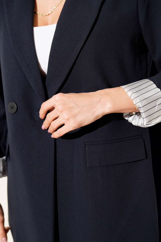 Striped Button-Front Blazer Jacket Navy