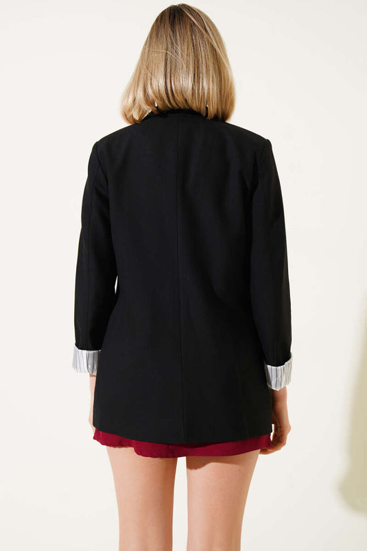 Striped Lined Buttoned Blazer Jacket Black