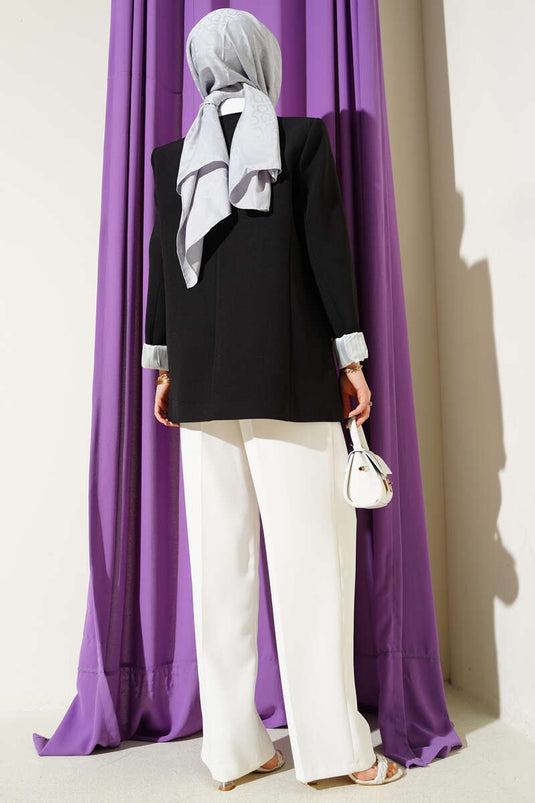 Striped Lined Cross-Over Collar Blazer Jacket Black