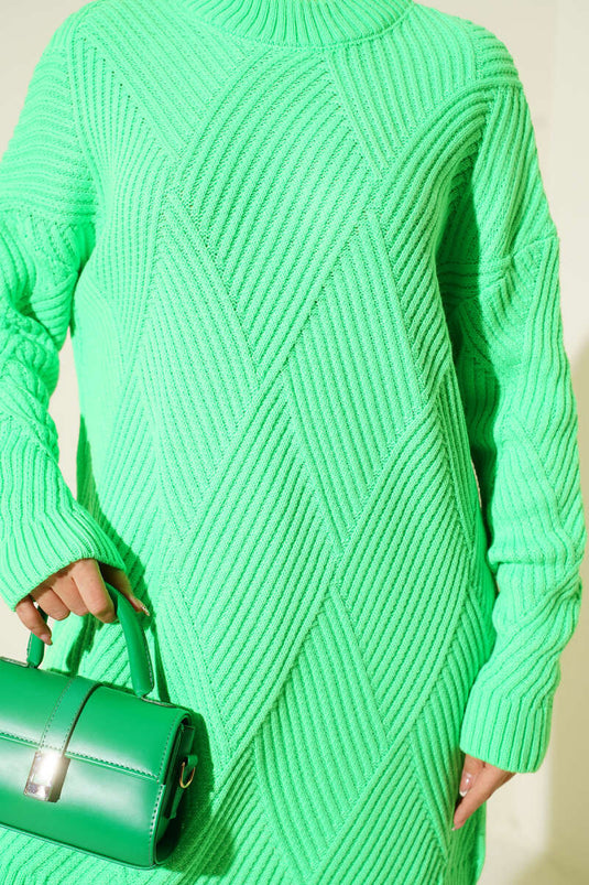 Striped Diamond Pattern Knitwear Tunic Pistachio Green