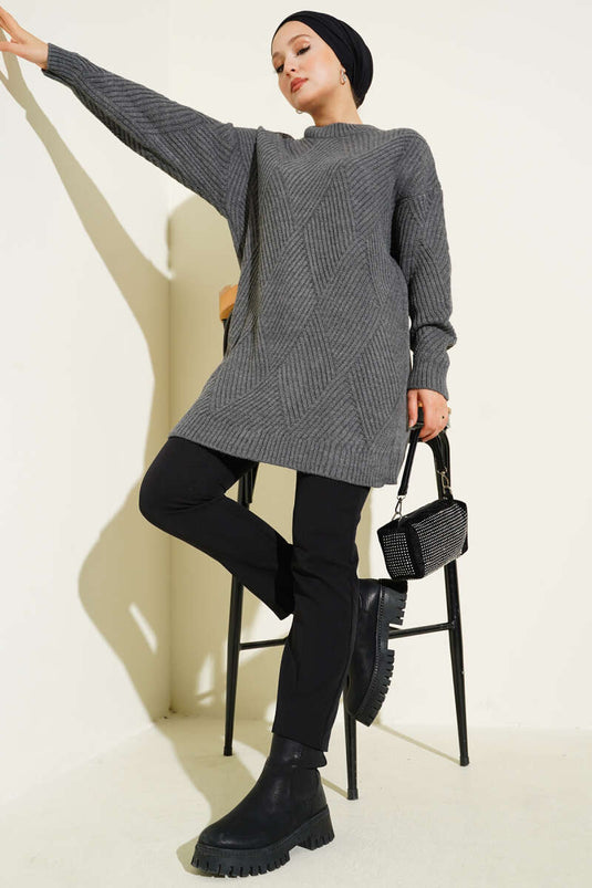 Striped Diamond Pattern Knitwear Tunic Smoke