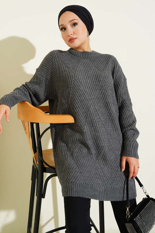 Tunique en tricot à rayures et motifs losanges fumée