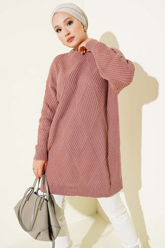 Tunica in maglia con motivo a rombi a righe rosa antico