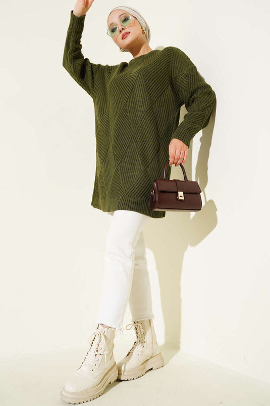 Striped Diamond Pattern Knitted Tunic, Khaki