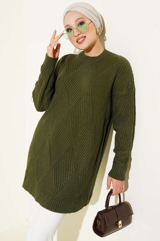 Striped Diamond Pattern Knitted Tunic, Khaki