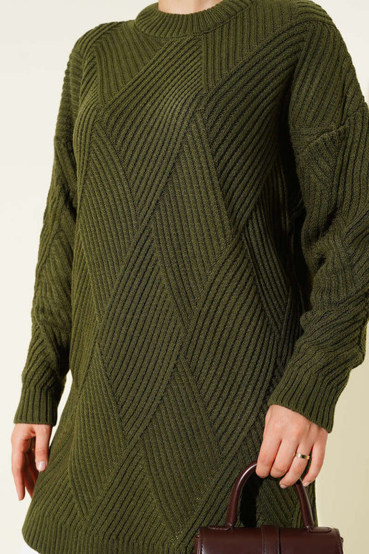 Striped Diamond Pattern Knitted Tunic, Khaki