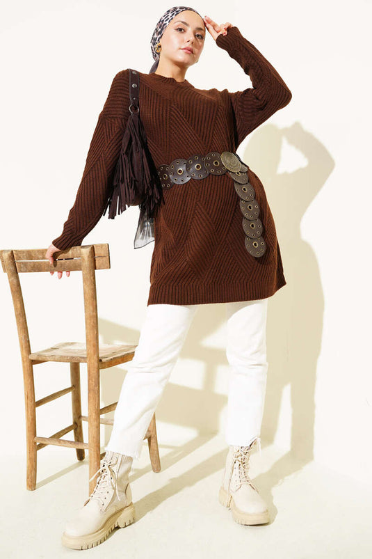 Çizgi Baklava Desen Triko Tunik Kahve