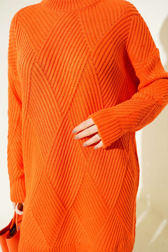 Linien Baklava Muster Strick Tunika Orange