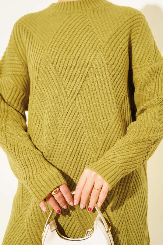 Striped Baklava Pattern Knit Tunic In Olive Green
