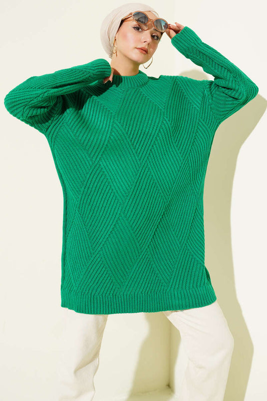 Çizgi Baklava Desen Triko Tunik Zümrüt