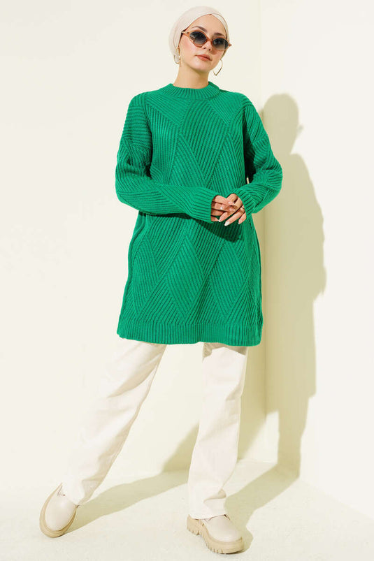 Çizgi Baklava Desen Triko Tunik Zümrüt