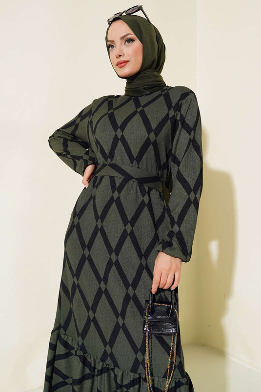 Striped Pattern Belted Ruffled Dress Green