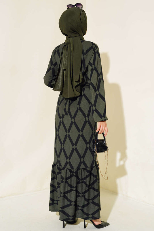 Striped Pattern Belted Ruffled Dress Green