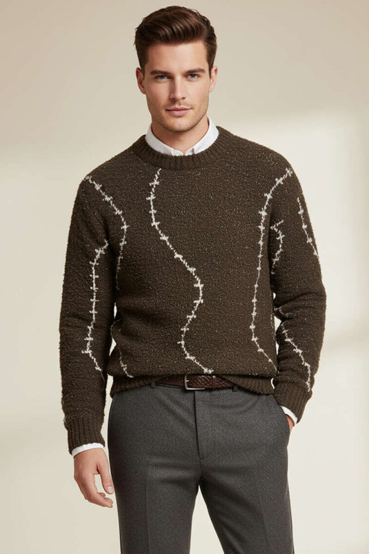 Çizgi Desen Örgü Triko Erkek Kazak Kahve