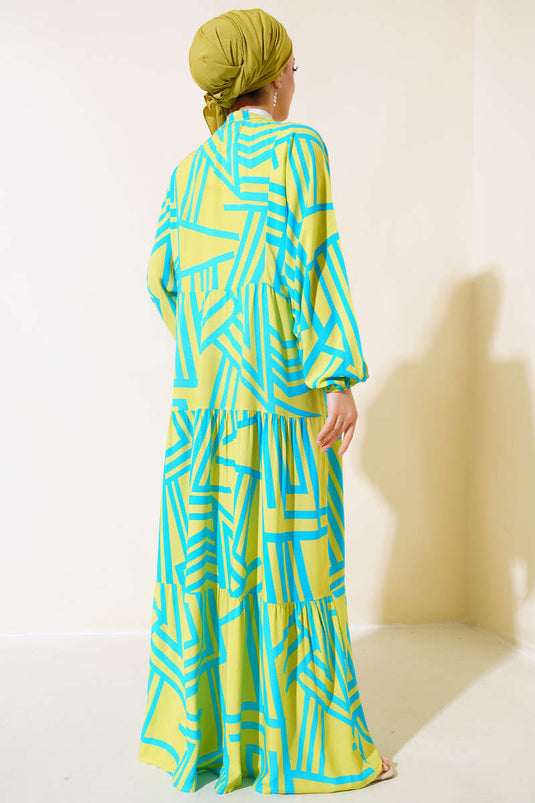 Gestreept patroon vleermuismouwen jurk olie groen