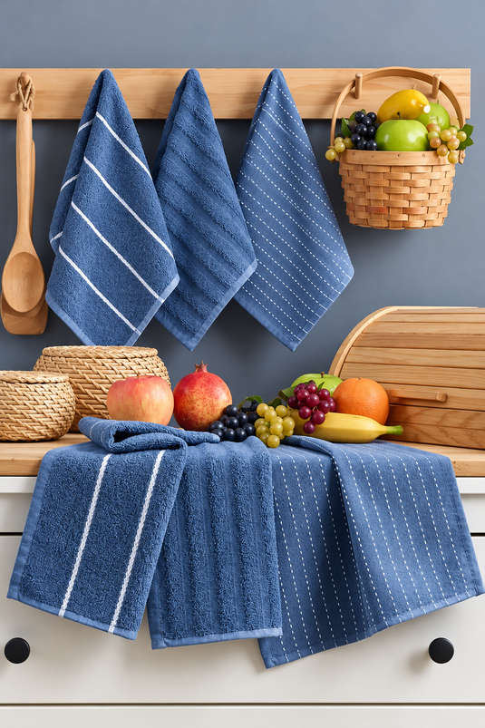 6er Set Küchenhandtücher Mit Streifen In Blau