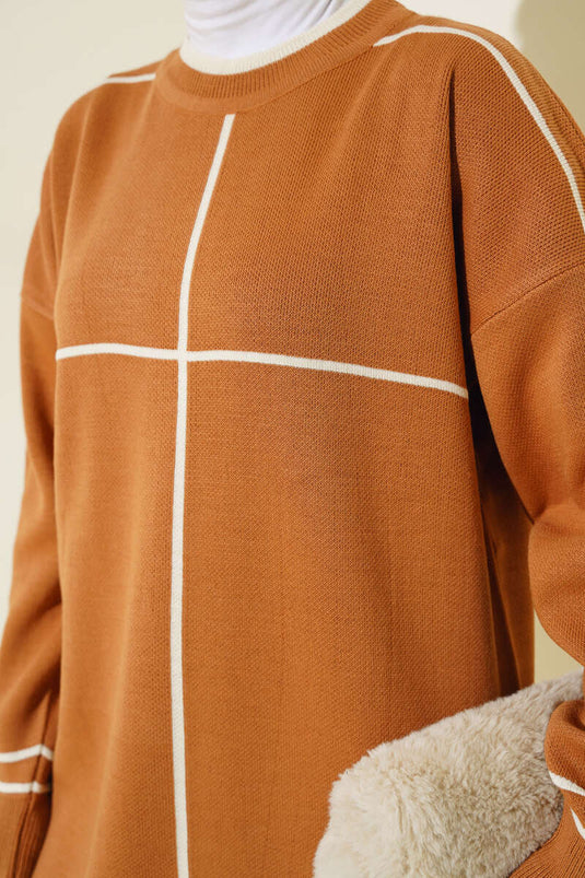 Çizgi Detaylı Basic Triko Tunik Latte