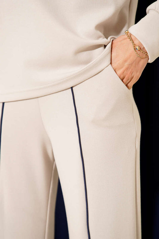 Striped Detail Crew Neck Two-Piece Set Stone