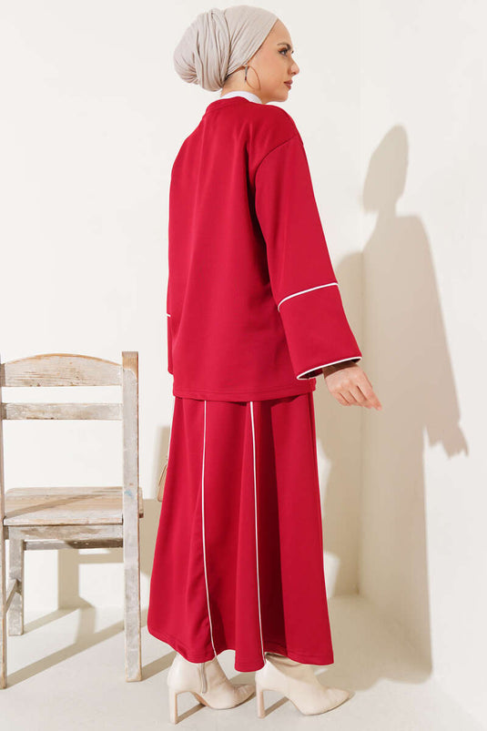 Gestreept gedetailleerd gerokt scuba tweedelig pak bordeauxrood