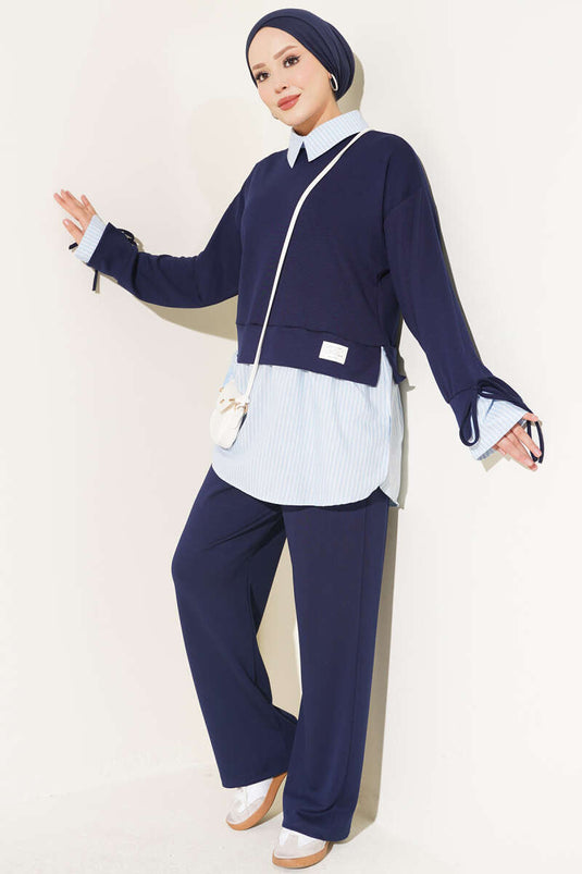 Completo Due Pezzi In Maglia A Righe Blu Navy