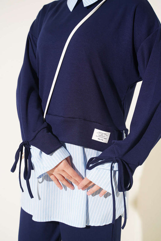 Completo Due Pezzi In Maglia A Righe Blu Navy
