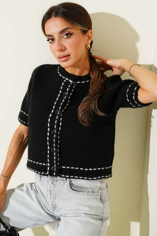 كارديجان أسود قصير الأكمام محبوك بتفاصيل مخططة