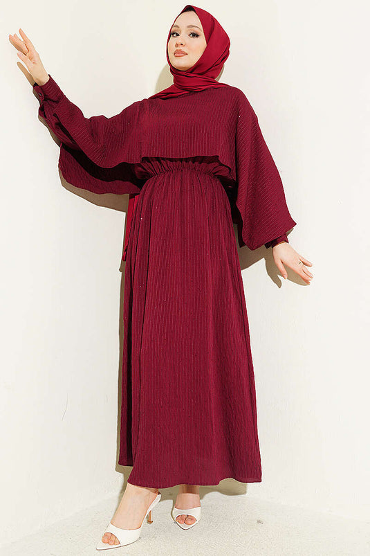 Burgundy Dress with Pleated Stitching, Elastic Waist, and Cape