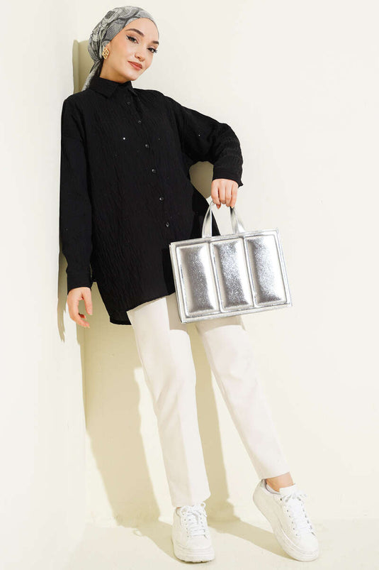 Black Oversized Shirt with Sequin and Line Stitching