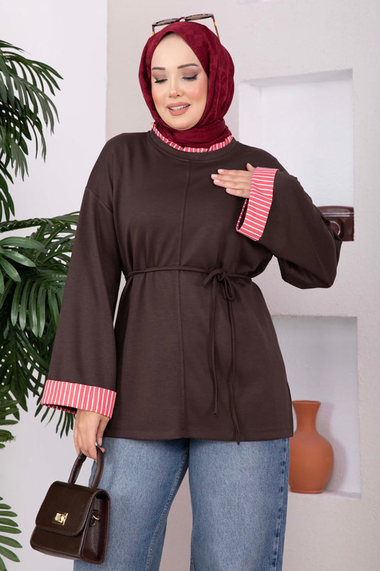 تونيك أوشو مخطط بخيط ورباط بني