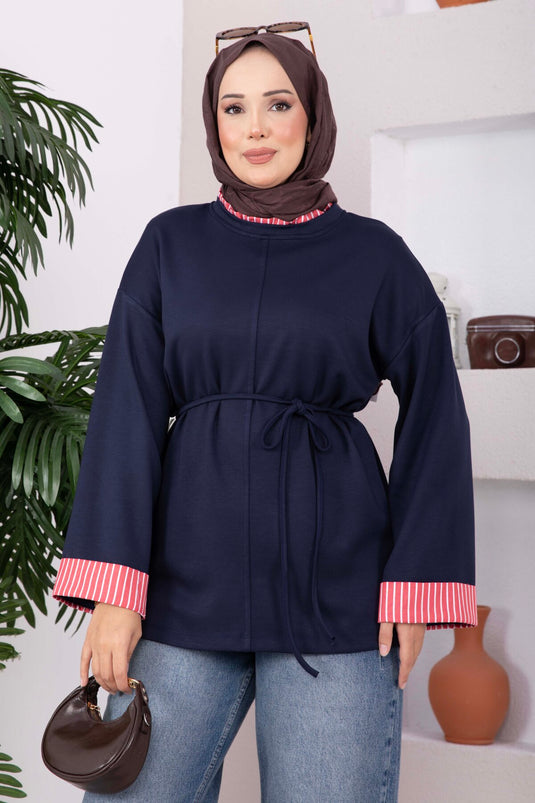 Striped Knit Tie-Front Tunic In Navy