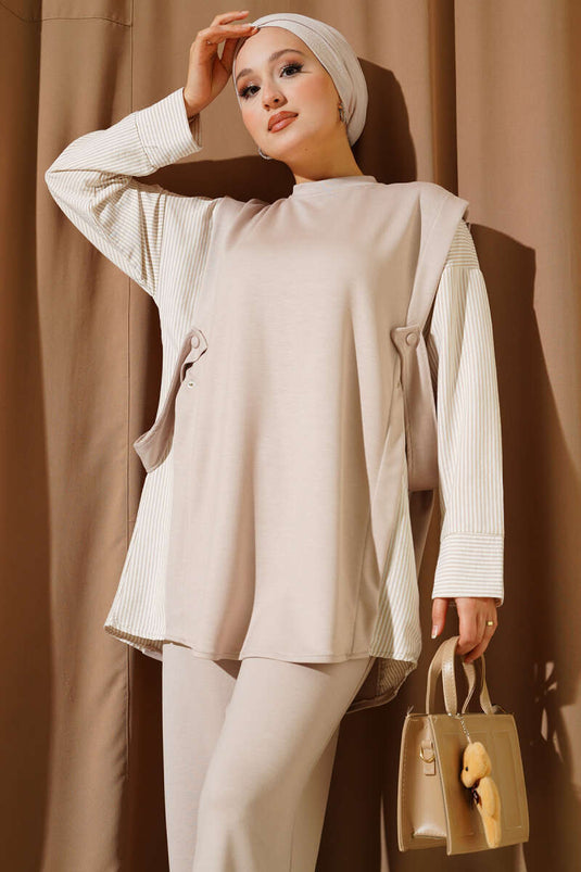 Çizgi Garnili Bisiklet Yaka Loyşa İkili Takım Bej